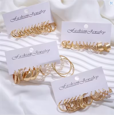 Pares de brincos de argola vintage cor dourada conjunto para mulheres meninas imitação de pérola geométrica metal torção brinco joias da moda 5