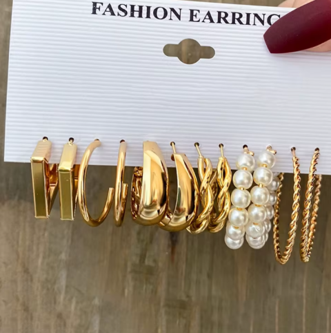 Pares de brincos de argola vintage cor dourada conjunto para mulheres meninas imitação de pérola geométrica metal torção brinco joias da moda 3