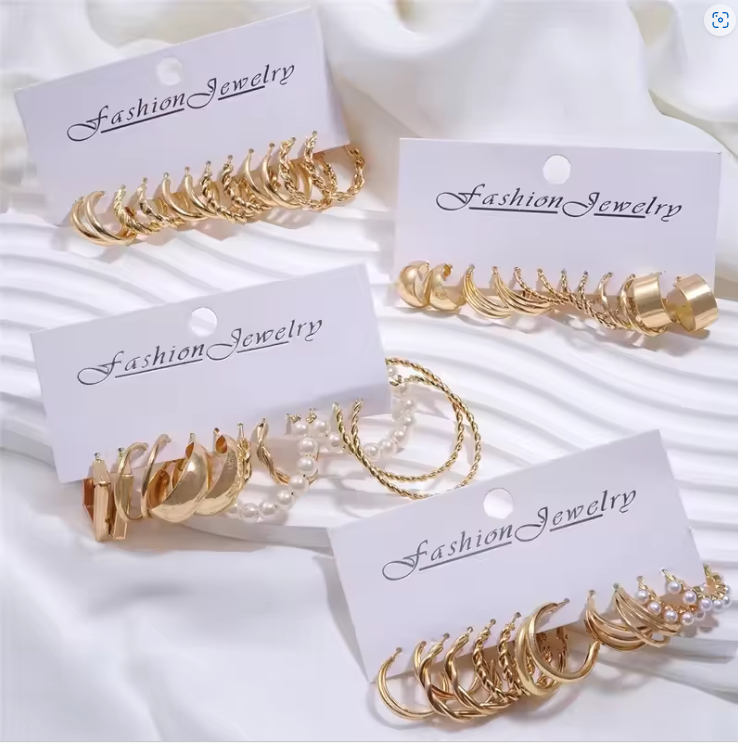 Pares de brincos de argola vintage cor dourada conjunto para mulheres meninas imitação de pérola geométrica metal torção brinco joias da moda