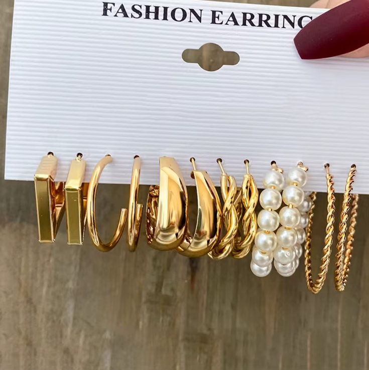 Pares de brincos de argola vintage cor dourada conjunto para mulheres meninas imitação de pérola geométrica metal torção brinco joias da moda